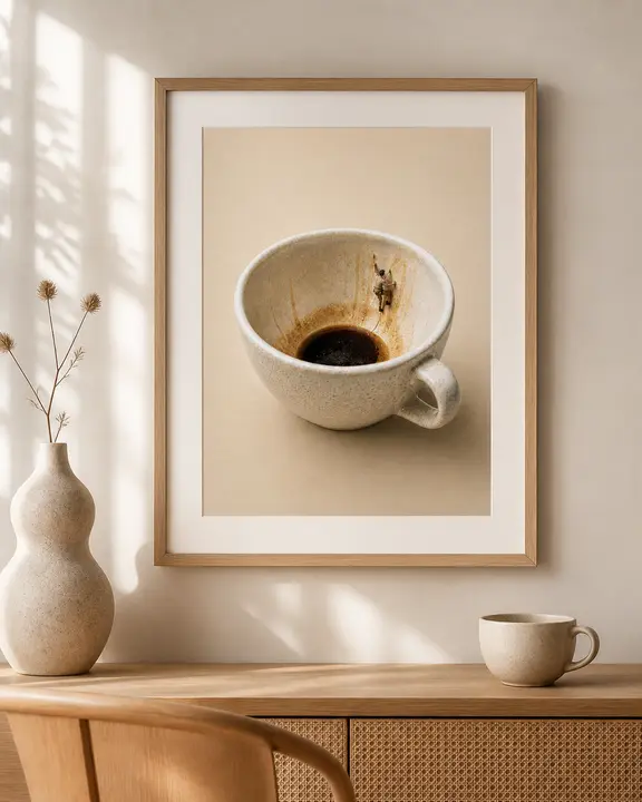 Last Sip Climber Coffee Cup Print, Surreal Coffee Bar Wall Art
