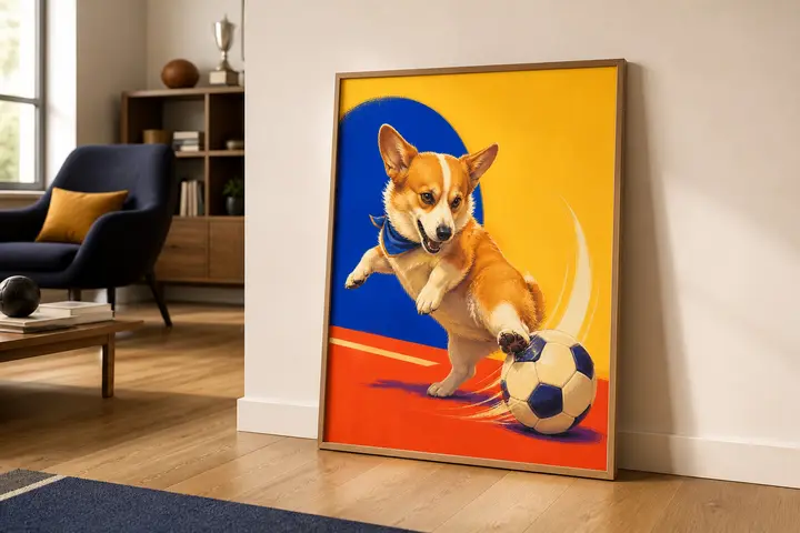 Corgi Wall Art, Funny Soccer Dog Print