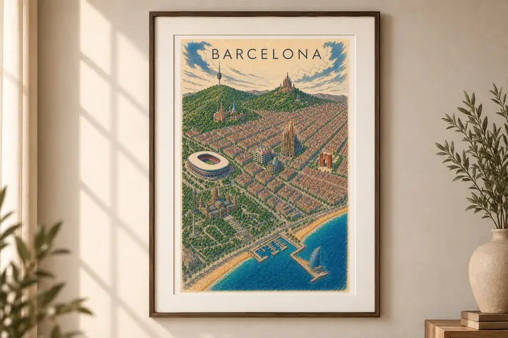 Barcelona Illustrated City Map, Vintage and Color Spain Travel Poster