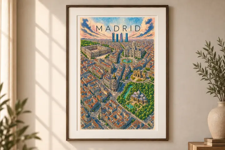 Madrid Illustrated City Map, Vintage and Color Spain Travel Poster
