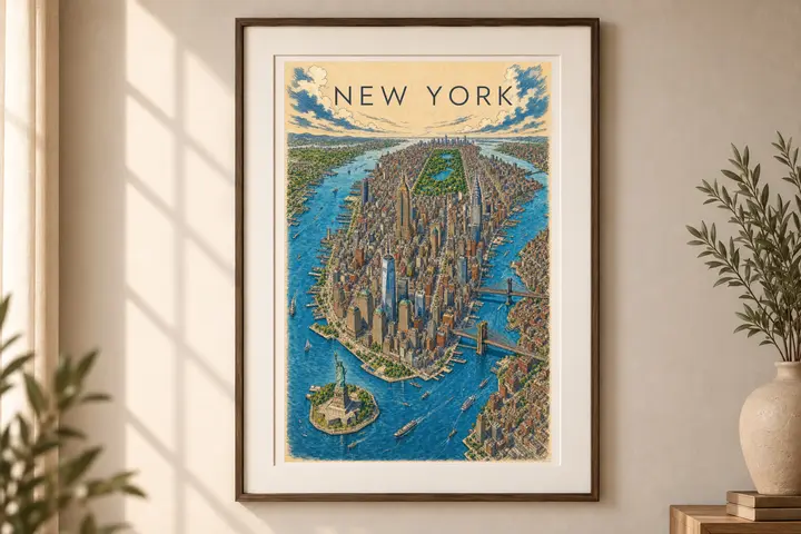 New York Illustrated City Map, Vintage and Color NYC Poster