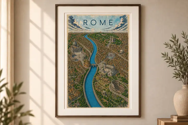 Rome Illustrated City Map, Vintage and Color Rome Travel Poster