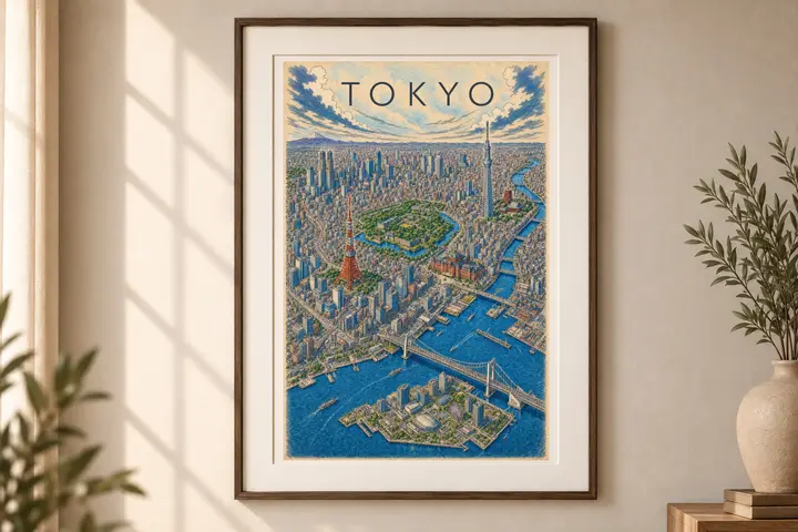 Tokyo Illustrated City Map, Vintage and Color Tokyo Travel Poster