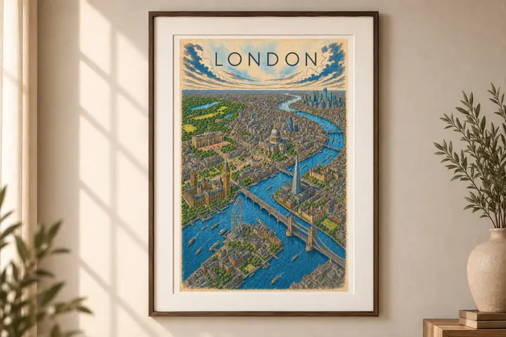 London Illustrated City Map, Vintage and Color London Travel Poster