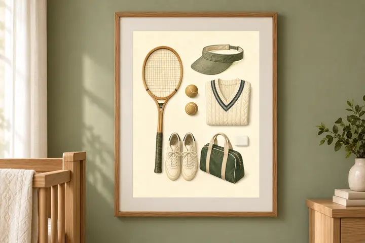 Vintage Tennis Nursery Print, Tennis Racket Wall Art