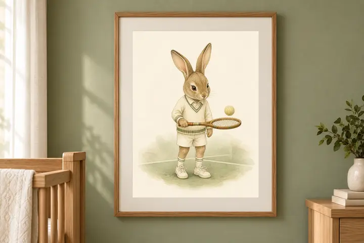 Tennis Nursery Print, Bunny Tennis Wall Art