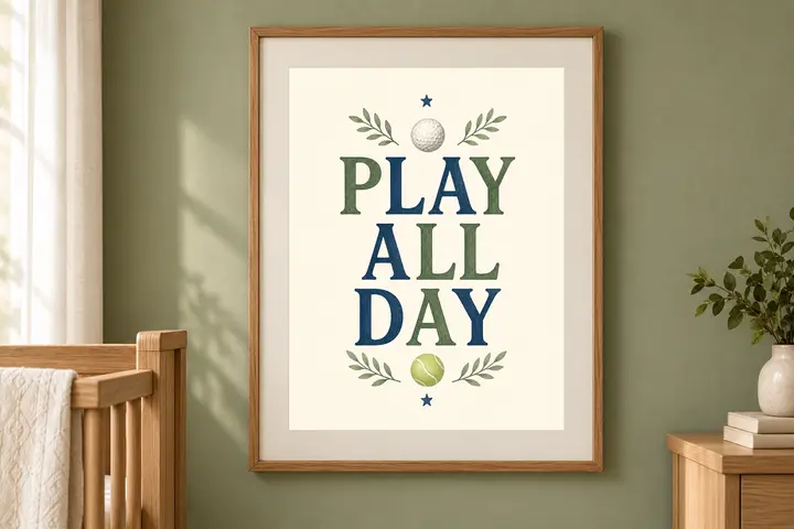 Play All Day Print, Sports Nursery Wall Art for Baby Boy