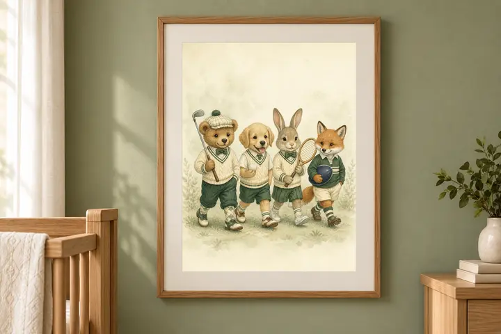 Sports Nursery Print, Animal Golf and Tennis Wall Art