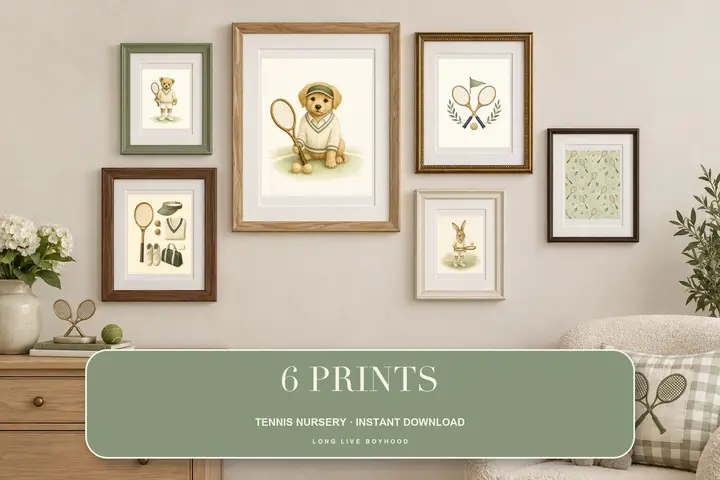 Tennis Nursery Print Set of 6, Sage Green Preppy Baby Boy Wall Art