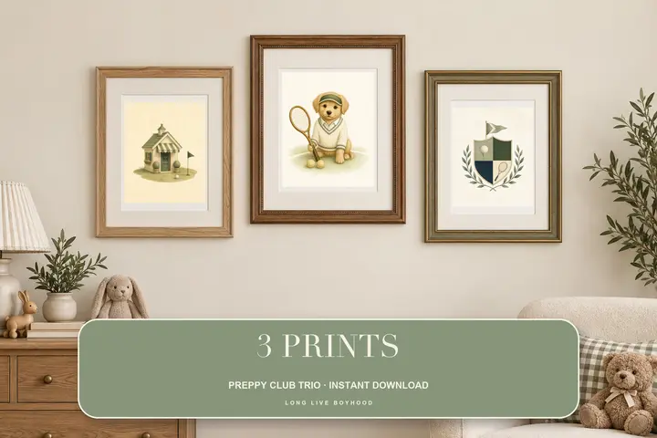 Preppy Nursery Print Set of 3, Golf and Tennis Baby Boy Wall Art