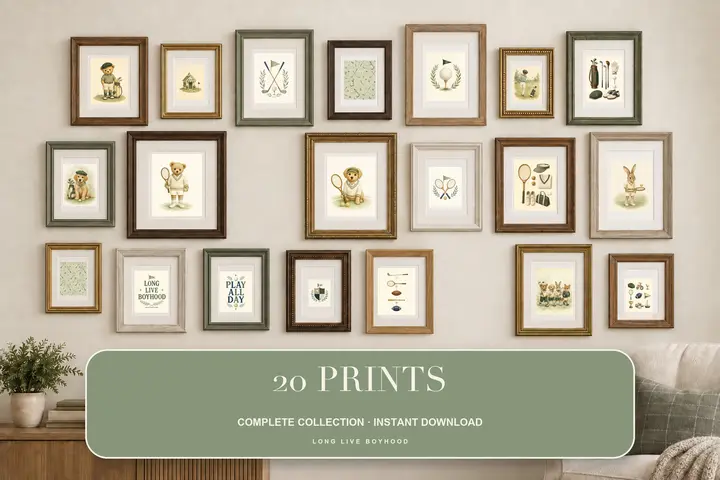 Golf and Tennis Nursery Wall Art Bundle, 20 Preppy Baby Boy Prints