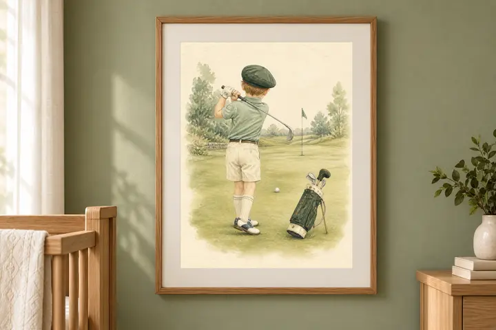 First Swing Golf Nursery Print, Little Golfer Wall Art