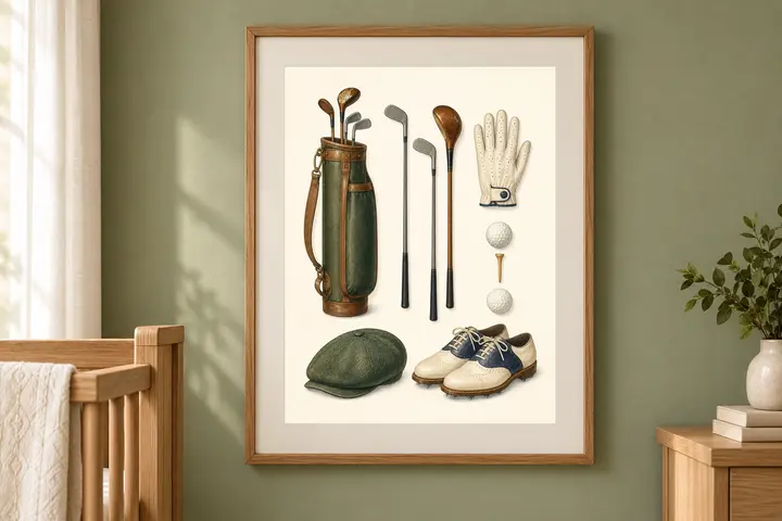 Vintage Golf Nursery Print, Golf Equipment Wall Art