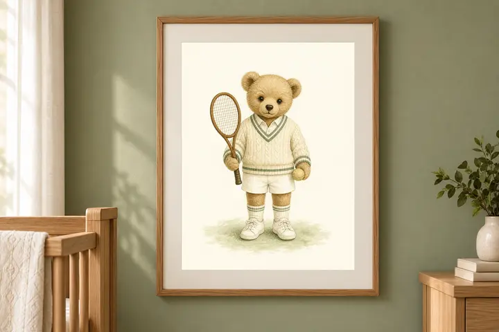 Tennis Nursery Print, Teddy Bear Tennis Wall Art