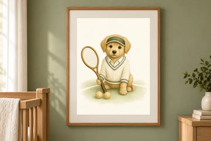 Tennis Nursery Print, Golden Retriever Puppy Wall Art