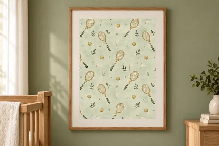 Tennis Pattern Nursery Print, Neutral Racket Wall Art
