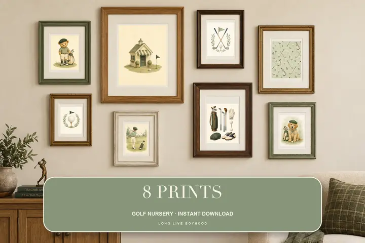 Golf Nursery Print Set of 8, Sage Green Preppy Baby Boy Wall Art