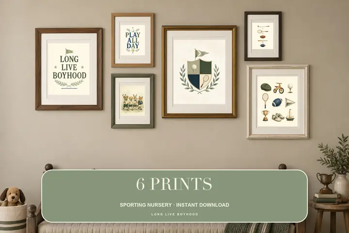 Sports Nursery Print Set of 6, Vintage Golf and Tennis Baby Boy Wall Art