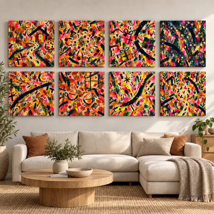 Abstract Art Set of 8, Fluorescent Gallery Wall Set